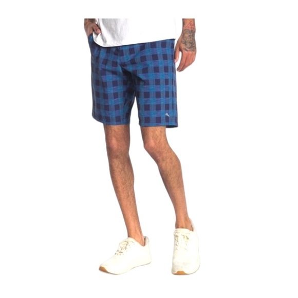 Tommy Bahama Mens Blue Checked Pockets Hybrid Bermuda Long Shorts Sz 30 New - Picture 1 of 11
